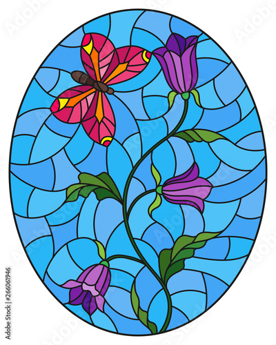 Illustration in stained glass style with abstract curly purple flowers and a pink butterfly on blue background , oval image photo