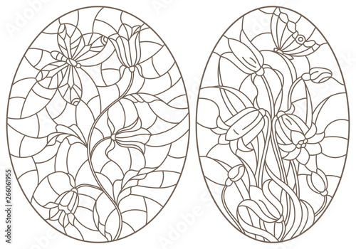 Set of contour stained glass illustrations with  flowers and  butterflies, dark contours on white background, oval images