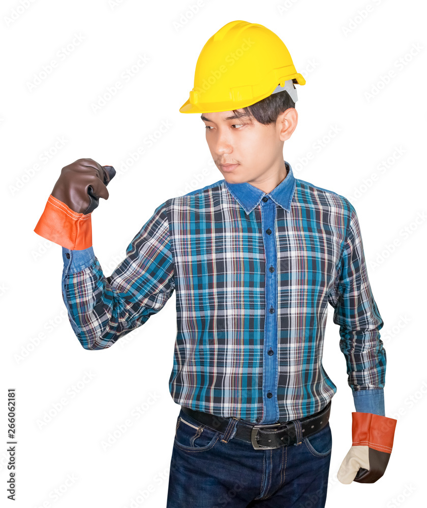 Engineering hand with the fist making symbol wear Striped shirt blue and glove leather with yellow safety helmet plastic On head white background