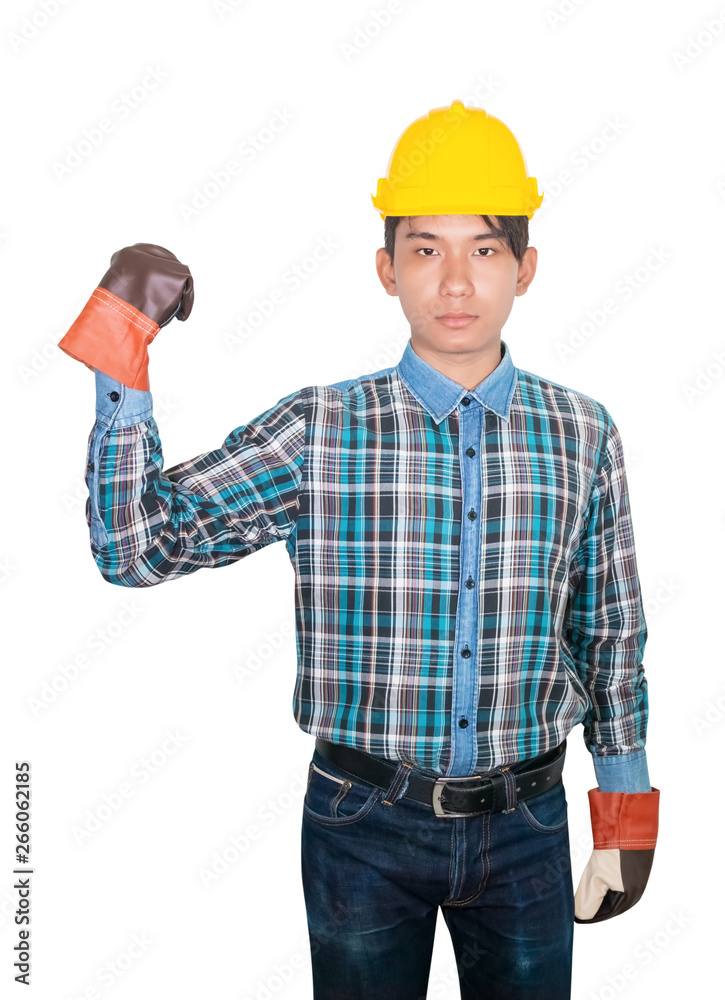 Engineering hand fist symbol wear shirt blue and glove leather with yellow safety helmet plastic on head white background