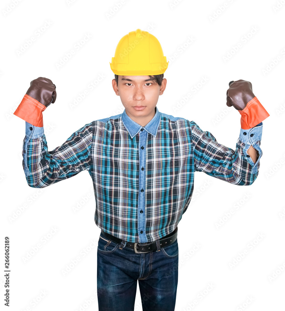Engineering hand with the fist making symbol wear Striped shirt blue and glove leather with yellow safety helmet plastic On head white background Engineering hand with the fist making symbol wear Striped shirt blue and glove leather with yellow safety helmet plastic On head white background