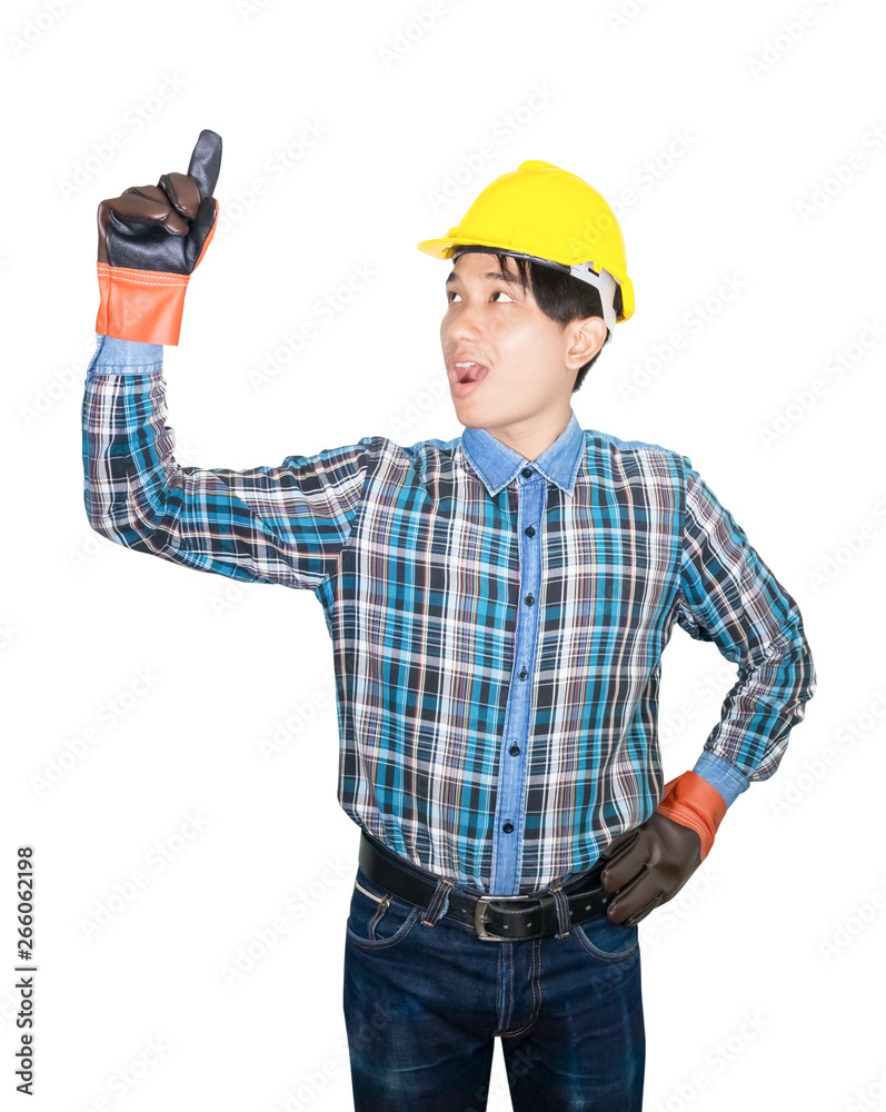 Engineering finger point Up top wear Striped shirt blue and glove leather with yellow safety helmet plastic On head white background Engineering finger point Up top wear Striped shirt blue and glove leather with yellow safety helmet plastic On head white background