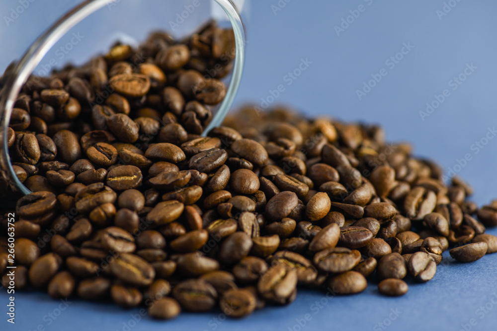Fototapeta premium Scattered coffee beans on a blue background. Horizontal photography