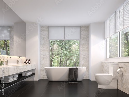 Luxurious bathroom with natural views 3d render,The room has black tile floors, white marble walls, There are large windows sunlight shining into the room. © onzon