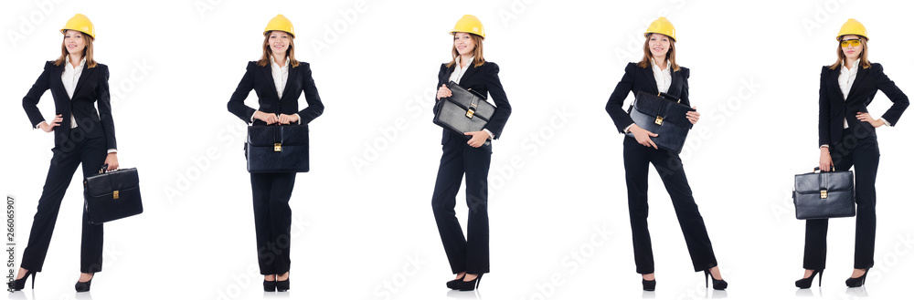 Female architect with bag isolated in white Female architect with bag isolated in white