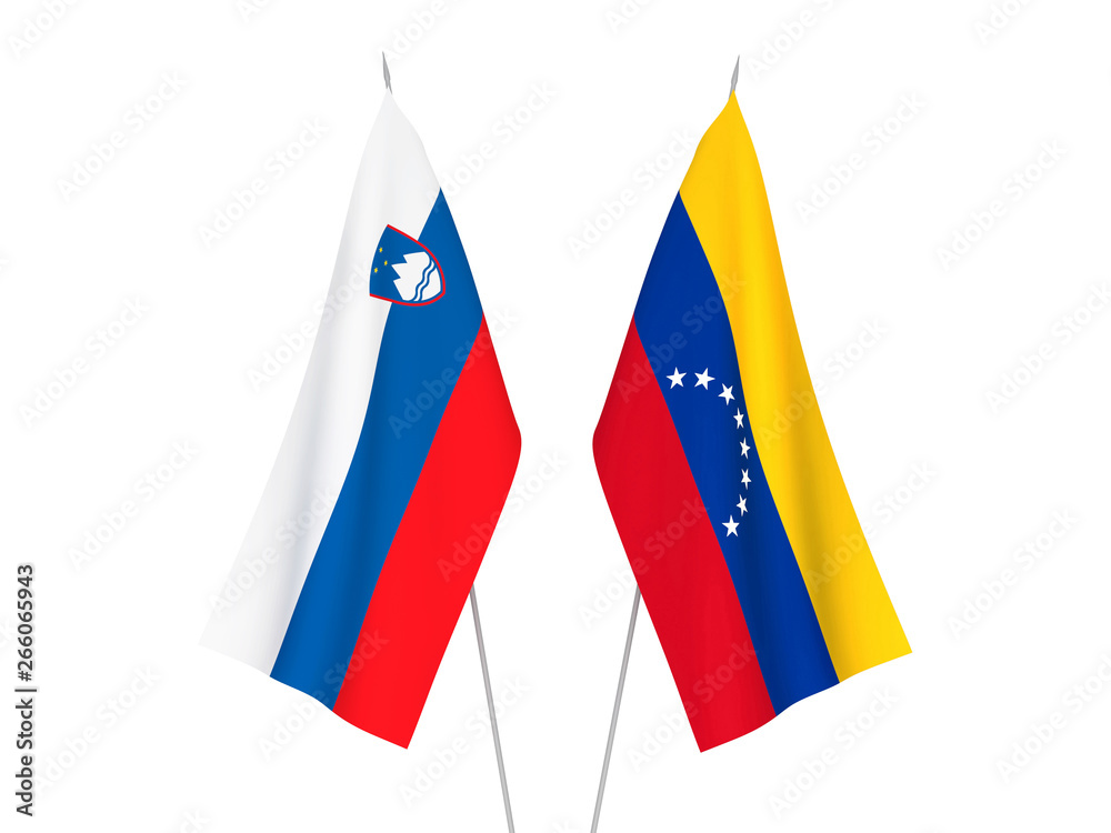 National fabric flags of Venezuela and Slovenia isolated on white background. 3d rendering illustration.