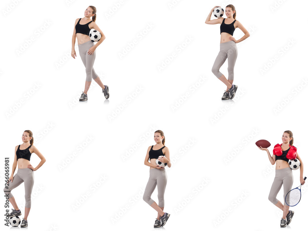 Young woman with football, rugby ball, boxing gloves and tennis 