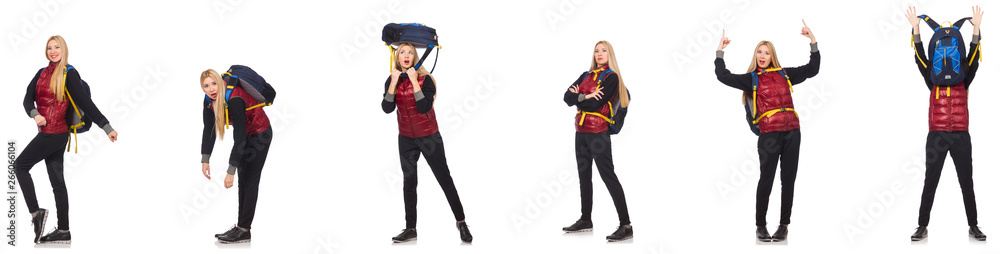 Young woman with backpack isolated on white Young woman with backpack isolated on white