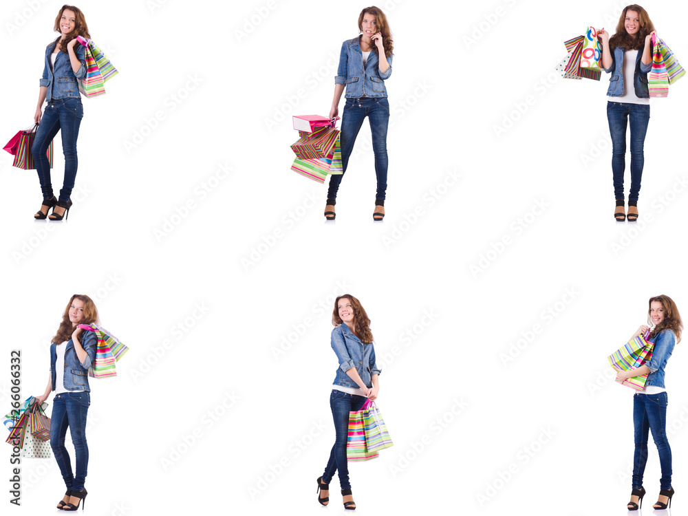 Young woman with shopping bags isolated on white Young woman with shopping bags isolated on white