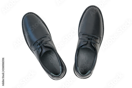 A pair of black leather men's shoes isolated on white background. The view from the top.