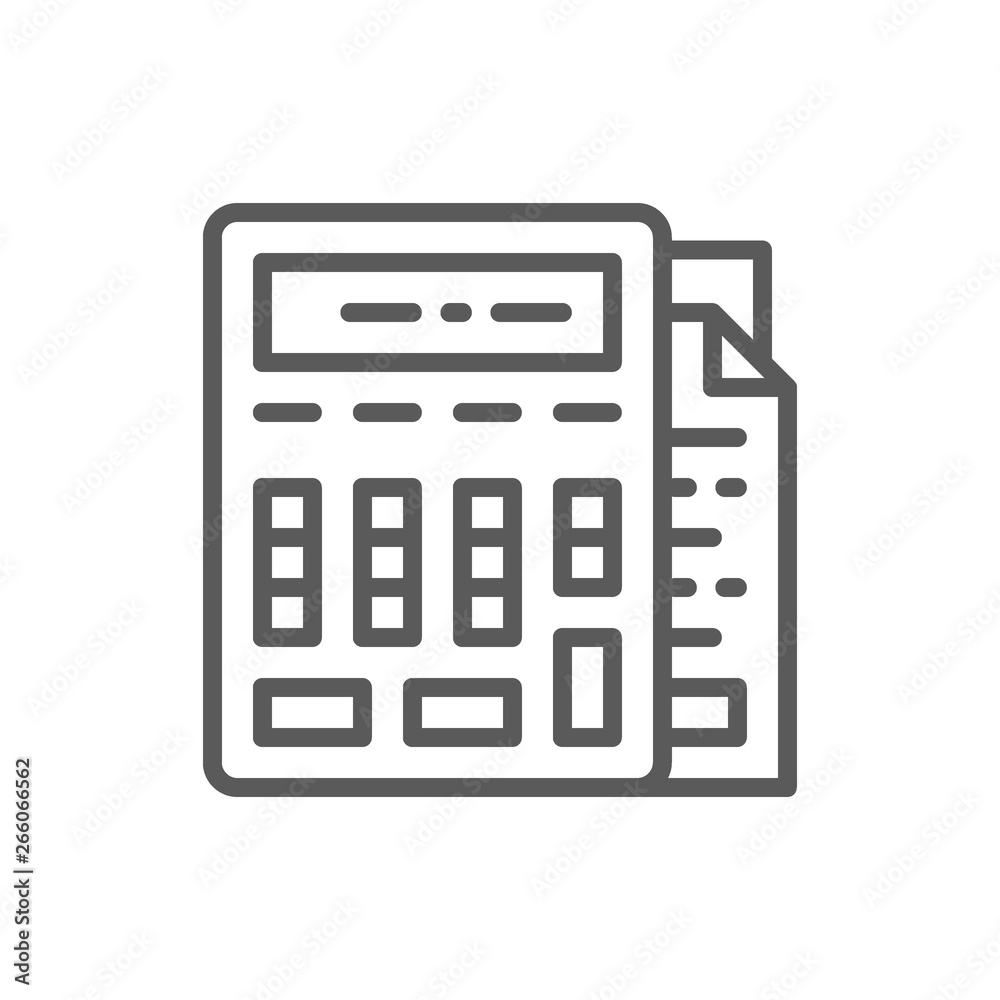 Calculator with documents, bookkeeping, accounting line icon.