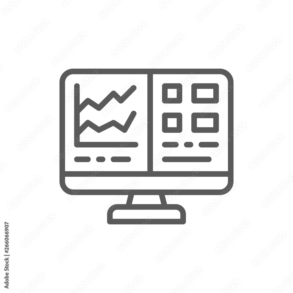 Computer screen with spreadsheet, financial accounting report line icon. Computer screen with spreadsheet, financial accounting report line icon.