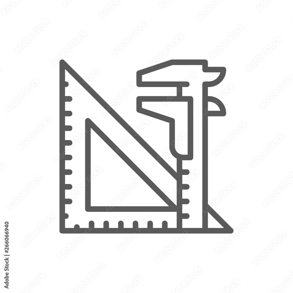 Engineering tools, split key and triangular ruler line icon. Engineering tools, split key and triangular ruler line icon.