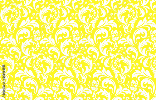 Flower pattern. Seamless white and yellow ornament. Graphic vector background. Ornament for fabric, wallpaper, packaging