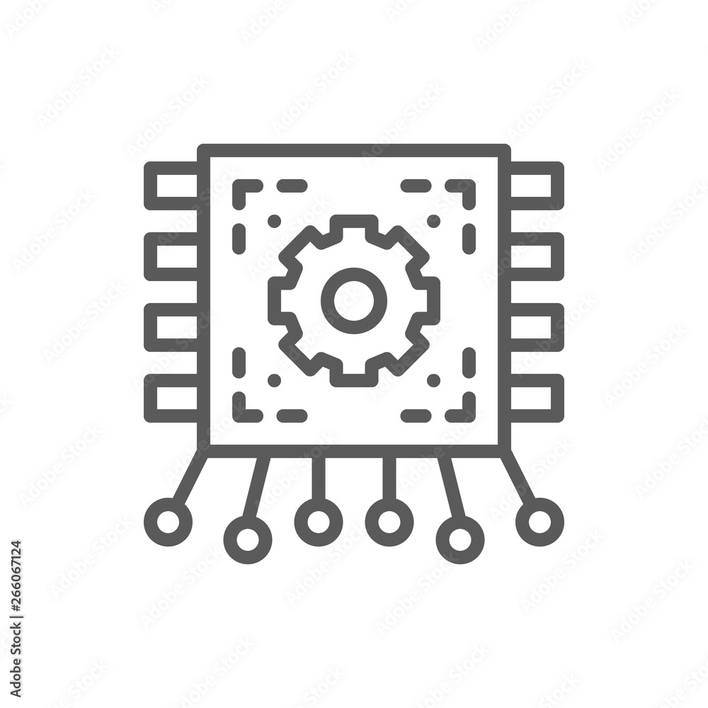 Chip, motherboard with contacts, circuit board line icon. Chip, motherboard with contacts, circuit board line icon.