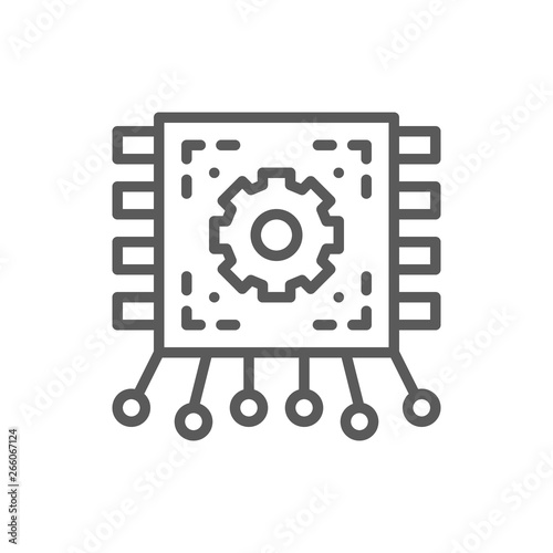 Chip, motherboard with contacts, circuit board line icon.