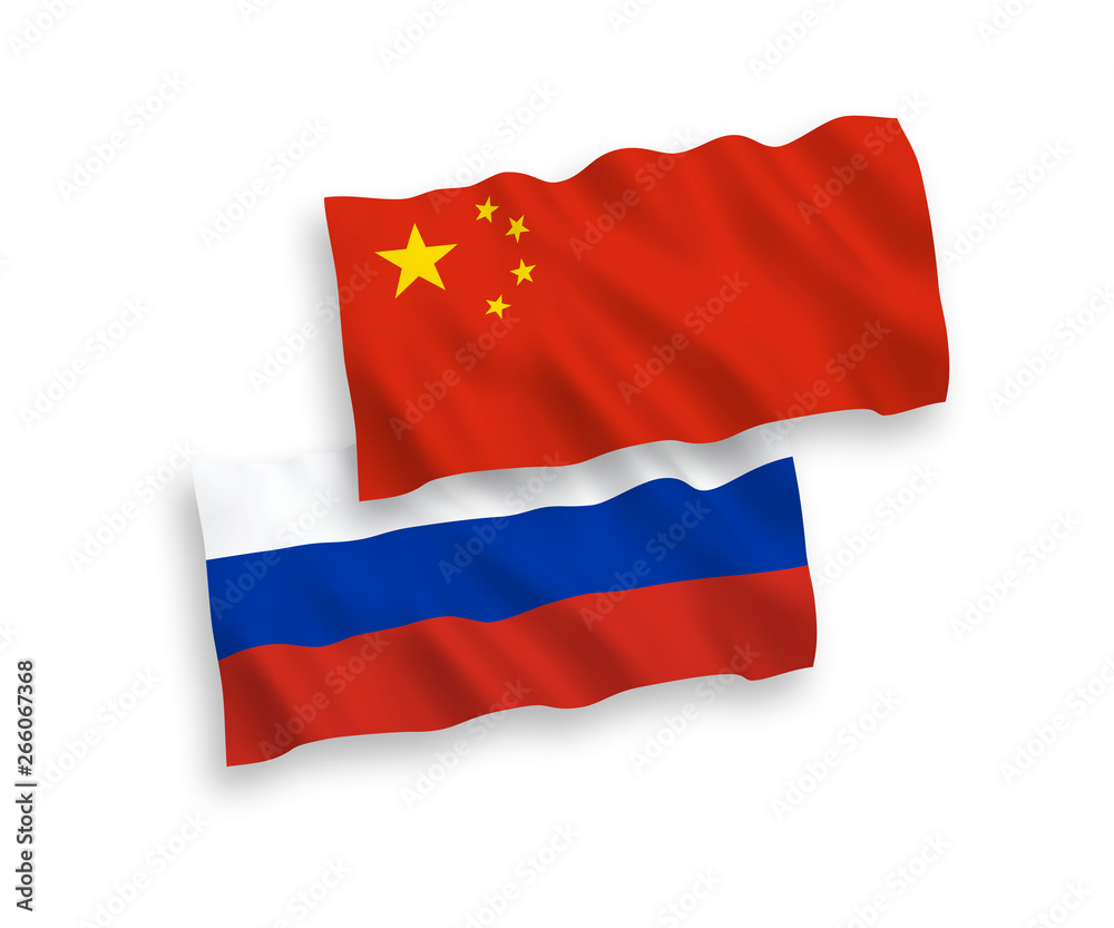 National vector fabric wave flags of Russia and China isolated on white background. 1 to 2 proportion. National vector fabric wave flags of Russia and China isolated on white background. 1 to 2 proportion.