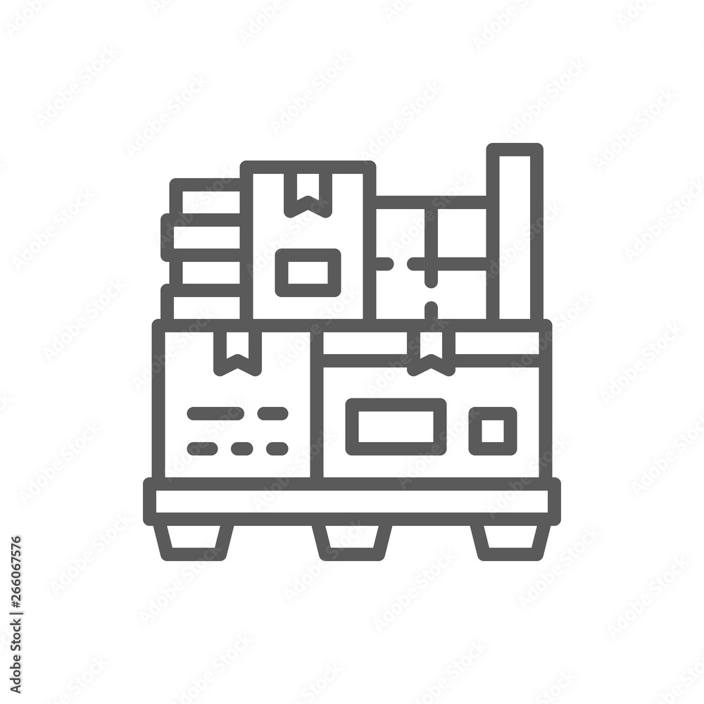 Different boxes on pallets line icon. Different boxes on pallets line icon.