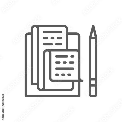 Letter with pencil, notes, recipe line icon.