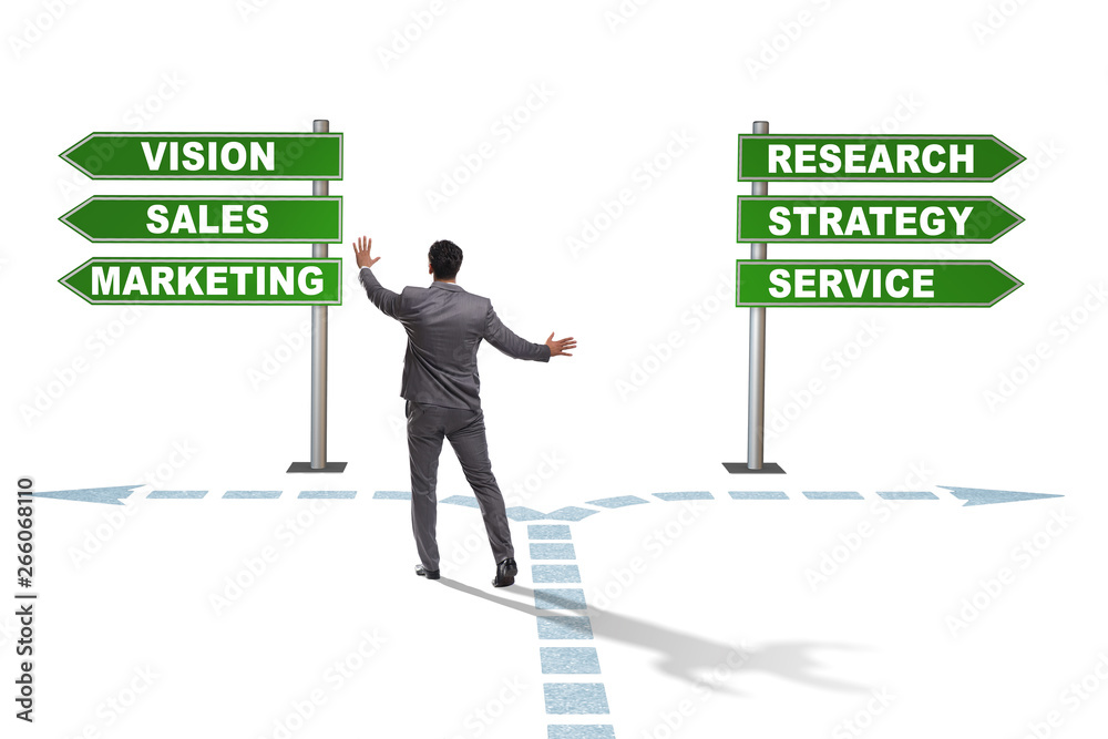 Businessman standing at crossroads of corporate strategy