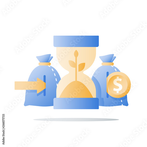 Hourglass and plant stem, wealth growth, time is money, financial security, future confidence, pension fund, income growth