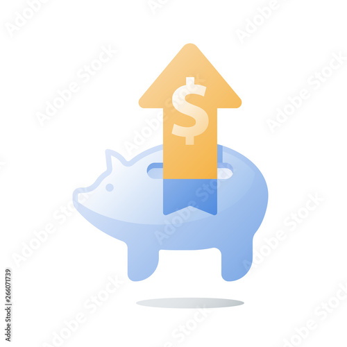Glass piggy bank, long term investment strategy, arrow of growth, value increase, pension savings, more money