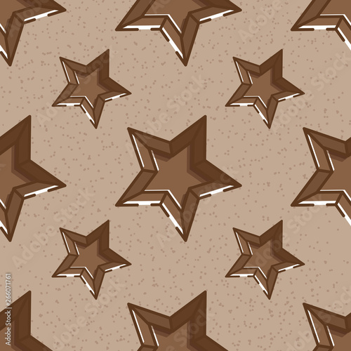 Cute seamless pattern with star shaped chocolate sweets. Brown noisy textured background. Flat linear style illustration. Vector.