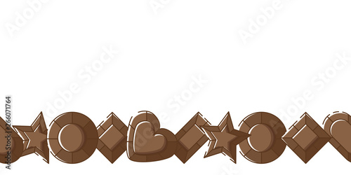 Cute horizontal seamless banner with chocolate sweets of different shapes. White background. Flat linear style illustration. Vector.