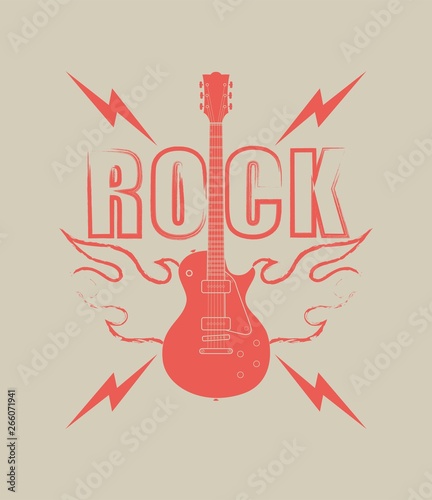 Color illustration on the theme of rock music. Guitar flame and text