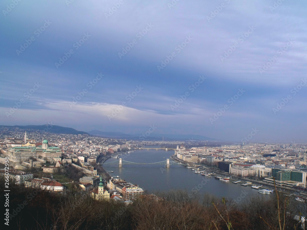 Panoramic landscape of the city of Budapest and the Danube River with bridges