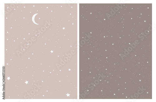 White Abstract Stars and Moon Isolated on a Beige and Brown Background.Infantile Style Night Sky Vector Design.Simple Hand Drawn Galaxy Vector Illustration Set for Card, Poster, Wall Art, Decoration. 