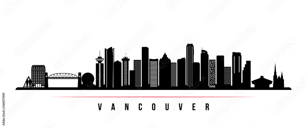 Obraz premium Baner poziomy panoramę miasta Vancouver. Czarno-biała sylwetka miasta Vancouver, Kanada. Szablon wektor dla swojego projektu.