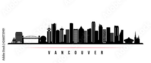 Vancouver city skyline horizontal banner. Black and white silhouette of Vancouver city, Canada. Vector template for your design.