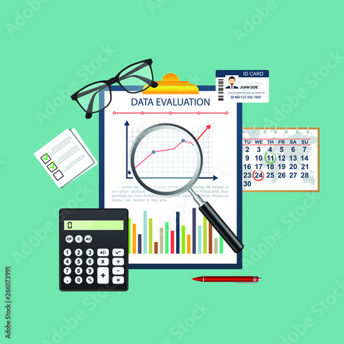 Auditing concept. Realistic design of accounting, research, calculating, management, financial analysis. Top view. Business background with desktop elements.