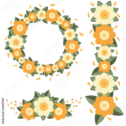 Cute set of Wreath, Boutonniere and Ornament with yellow and orange flowers, petals and green leaves. Flat style illustration. Vector.