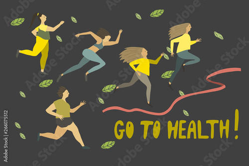 Woman s race marathon . Running girls . Healthy lifestyle . Freehand drawing vector flat illustration