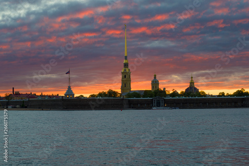 Peter and Paul Fortress against the backdrop of a mystical sunset. Saint-Petersburg, Russia