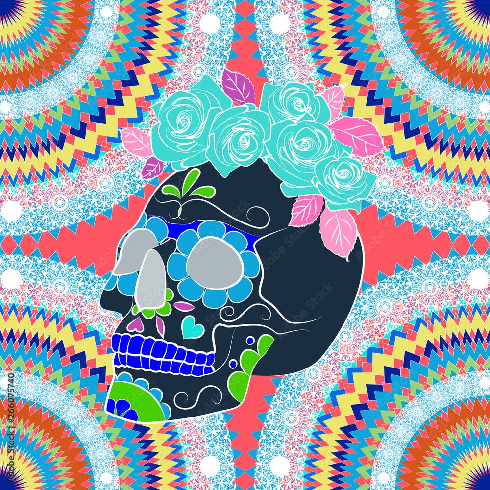 bright illustration with a skull, a symbol of the traditional Mexican
