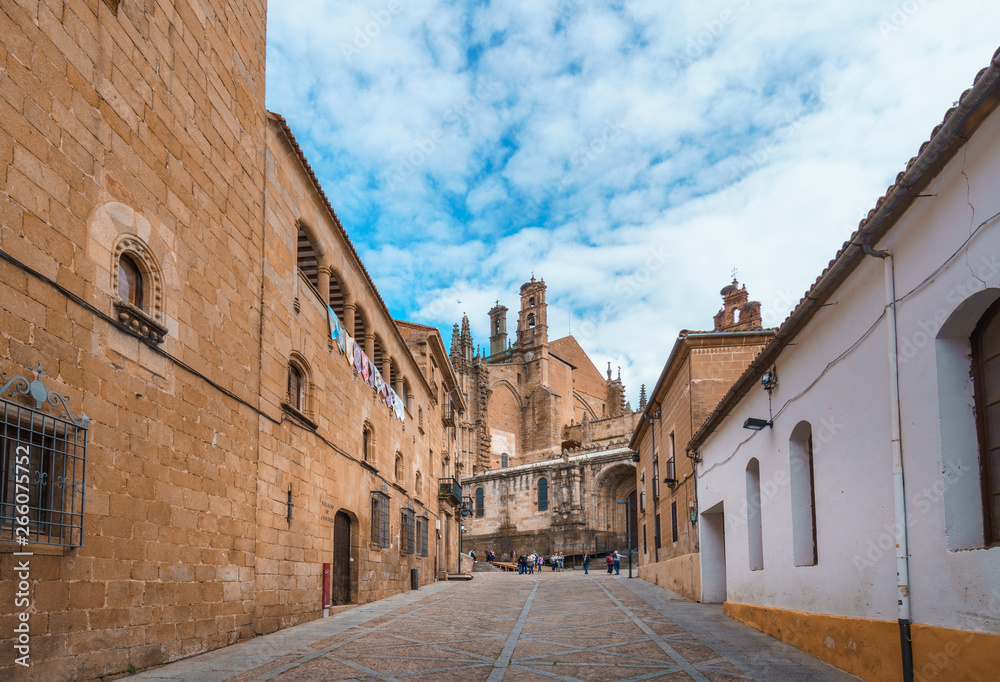 Street of old town of Plasencia with the New Cathedral of Plasencia or Catedral de Asuncion de Nuestra Senora on the background. It is a Roman Catholic cathedral located in the town of Plasencia
