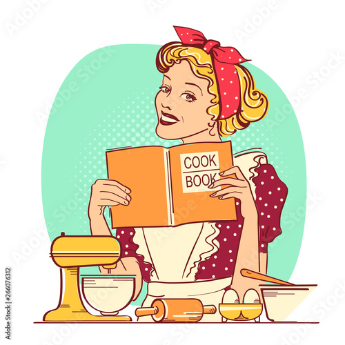 Young woman cooking and holding cook book in her hands on kitchen room.Reto style color illustration with speech bubble for text