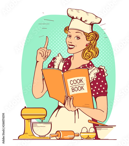 Young woman chef in retro style clothes cooking and holding cook book in her hand in the kitchen room. Vector vintage background for text