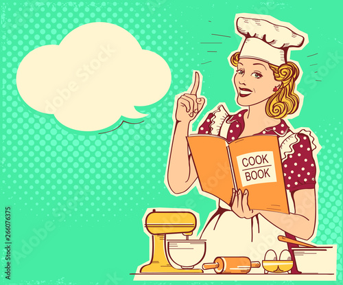 Young woman chef in retro style clothes cooking and holding cook book in her hand in the kitchen room. Vector vintage background for text