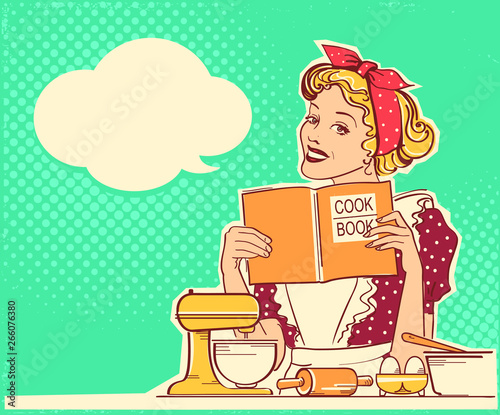 Young woman cooking and holding cook book in her hands on kitchen room.Reto style color illustration with speech bubble for text