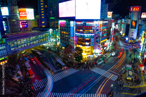 Night timelapse crossing at the neon town in Shibuya Tokyo high angle wide shot