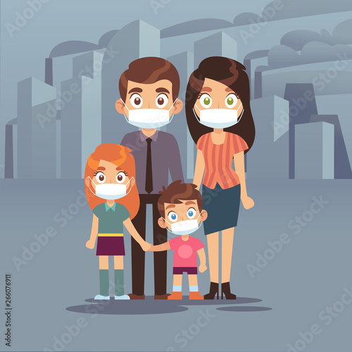 Family city smog. People protective face masks pollution air smog toxic industrial harmful waste dust mask n95 pm2, 5, vector isolated