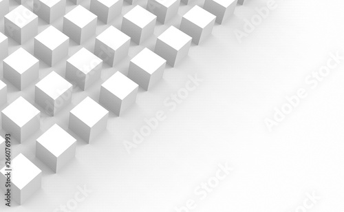3d rendering. White square cube boxes stack on gray copy space background.