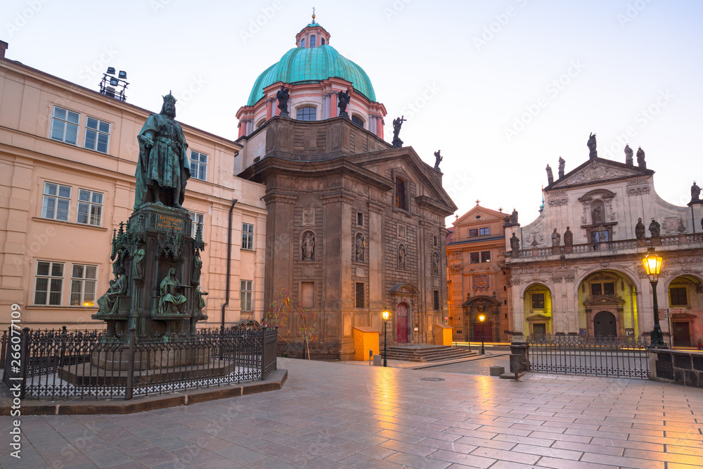 Architecture of the old town in Prague with King Charles statue, Czech Republic