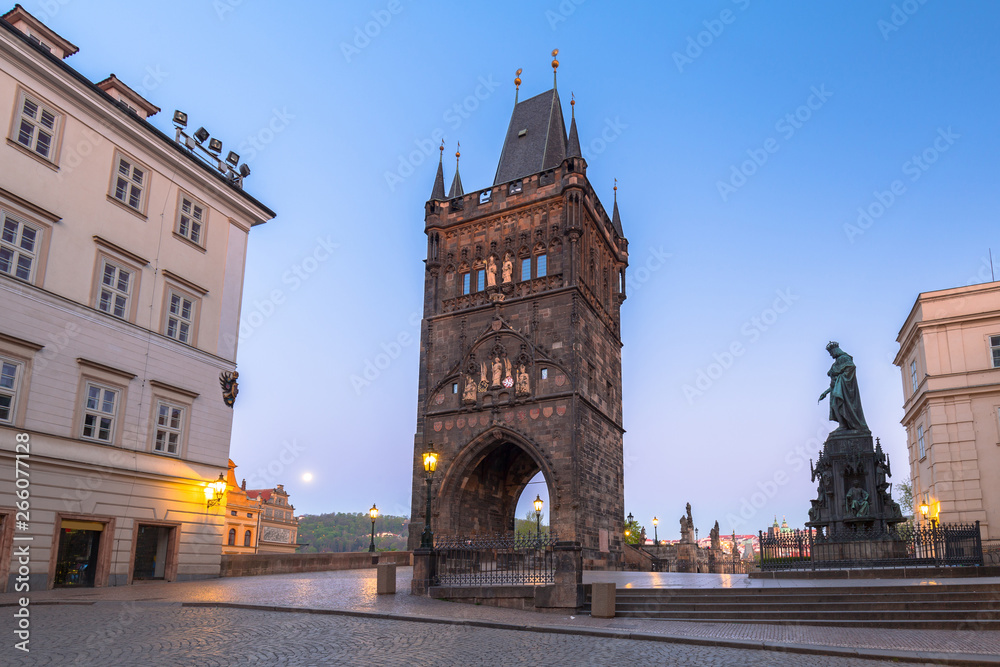 Tower of the Charles bridge in Prague at dawn, Czech Republic