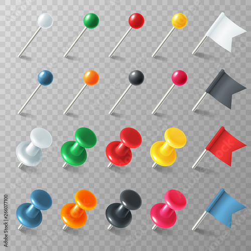 Pins flags tacks. Colored pointer marker pin flag tack pinned board pushpin organized announcement, realistic vector set photo
