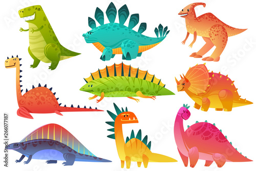 Cute dino. Dinosaur dragon wild animals character nature happy kids pterosaur brontosaurus dinos figure jungle cartoon vector icons